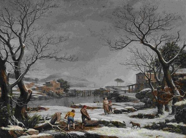 Winterliche Flusslandschaft Mit Holzarbeitern Oil Painting by Giuseppe Baccigaluppo