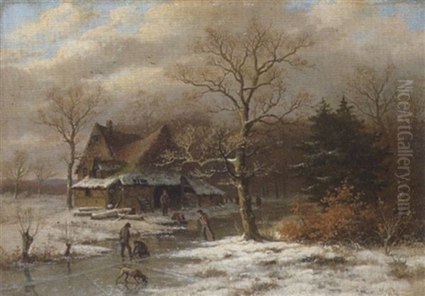 Hollandische Winterlandschaft Mit Eislaufern Oil Painting by Alois Bach