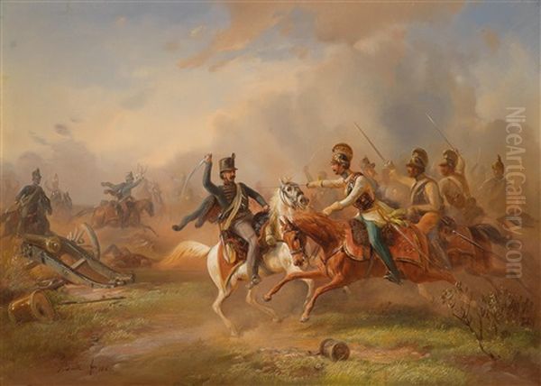 Gefechtsszene Zwischen Osterreichischer Und Ungarischer Kavallerie In Den Revolutionsjahren 1848/1849 Oil Painting by Guido Bach