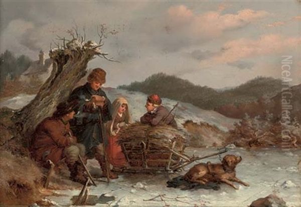 A Rest On The Way, Summer (+ A Rest On The Way, Winter; Pair) Oil Painting by Guido Bach