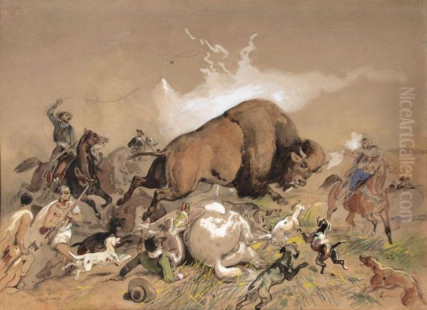 La Chasseau Bison Oil Painting by Victor Adam