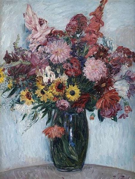 Stilleben Mit Bunten Sommerblumen In Einer Grunen Vase Oil Painting by Paul Bach