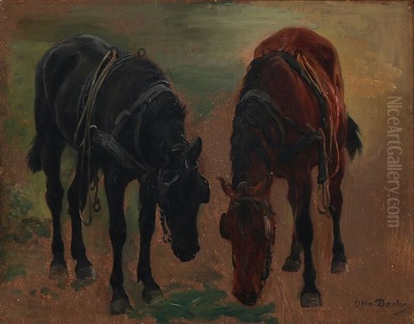 Two Horses Grazing Oil Painting by Otto Bache