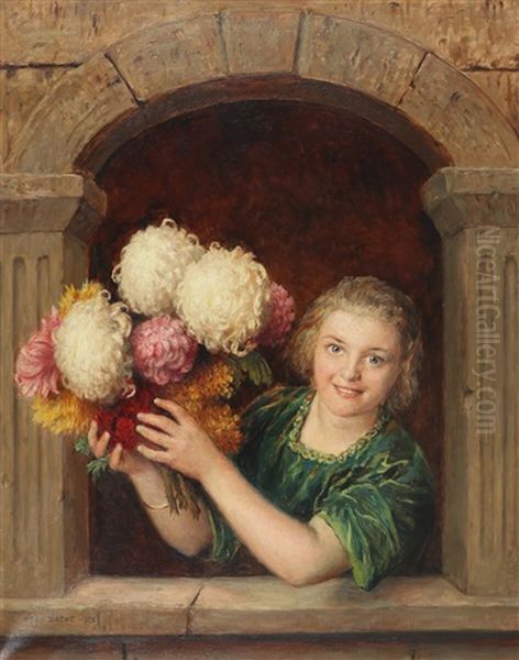 A Young Girl With A Large Bouquet Of Chrysanthemum In A Niche Oil Painting by Otto Bache