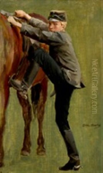 A Young Soldier Mounting His Horse Oil Painting by Otto Bache