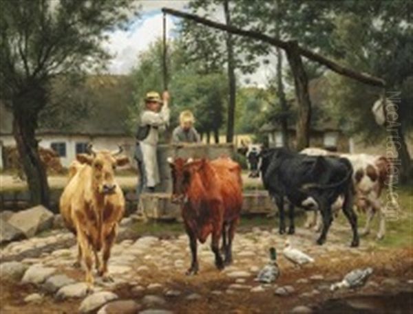 Watering The Cows Oil Painting by Otto Bache