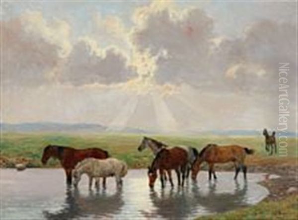 Horses At A Pond Oil Painting by Otto Bache