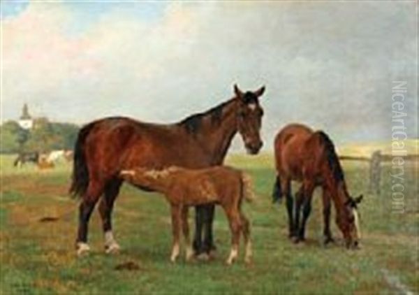 Horses On A Field Oil Painting by Otto Bache