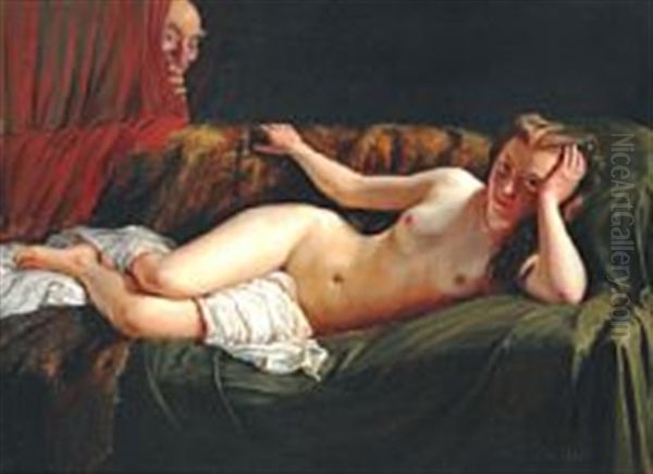 Interior With A Nude Secretly Watched By An Old Man Oil Painting by Otto Bache