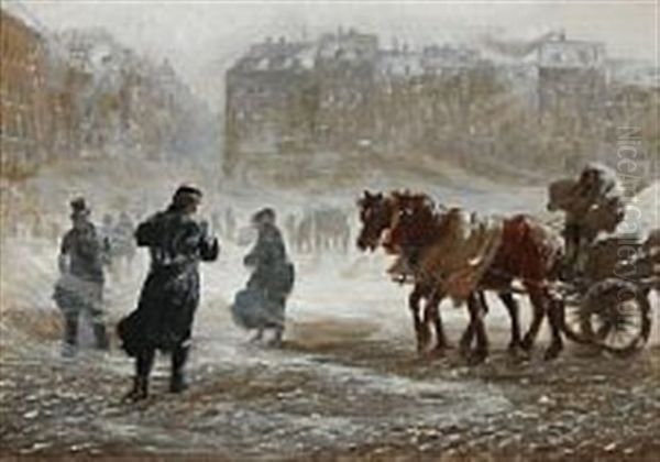 A Winter Storm In Copenhagen Oil Painting by Otto Bache