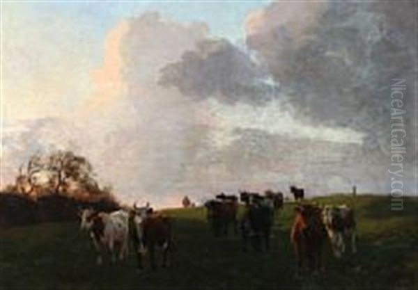 Cows On The Field, While A Storm Is Coming Oil Painting by Otto Bache