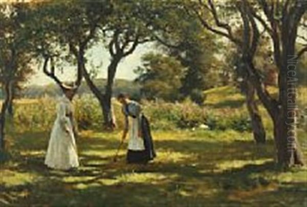 A Garden In Hornbaek With The Daughter Of Otto Bache, Emilie, And A Relative Of Otto Bache, Marie Charlotte, Playing Croquet Oil Painting by Otto Bache