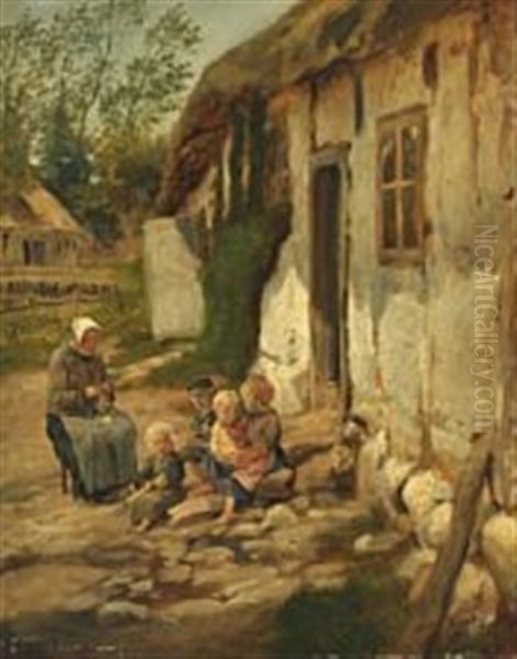 Farm Scene With A Flock Of Children And An Elderly Lady Knitting Oil Painting by Otto Bache