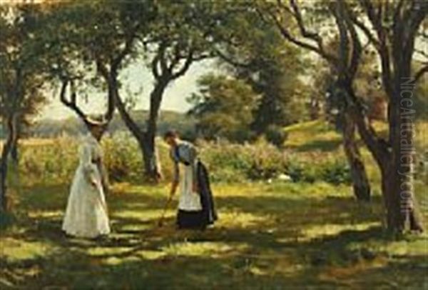 A Garden In Hornbaek With The Daughter Of Otto Bache Emilie And A Relative Of Otto Bache Marie Charlotte Playing Croquet Oil Painting by Otto Bache