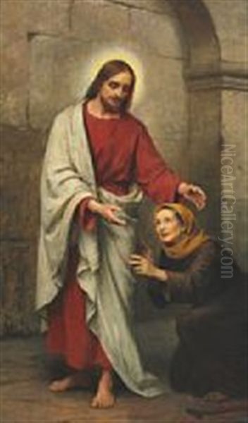 Christ And The Bleeding Woman Oil Painting by Otto Bache