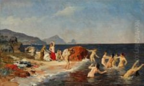 The Princess Of Lycia Bathes With Her Maidens At The Sicilian Coast Oil Painting by Otto Bache