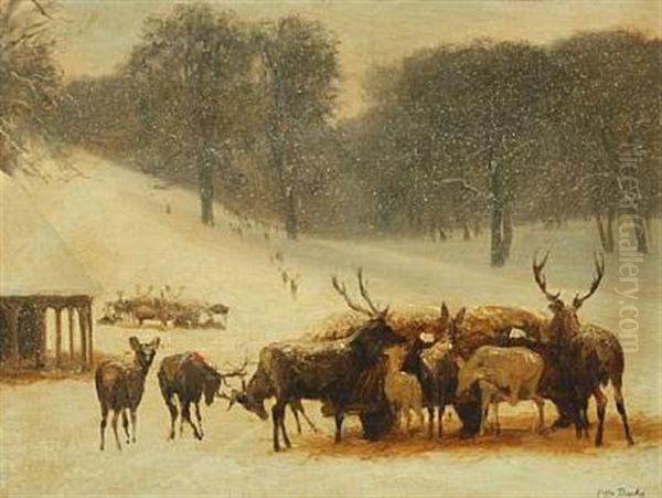 Deer By The Wagon With Hay, A Snowy Day In The Deer Park Copenhagen Oil Painting by Otto Bache