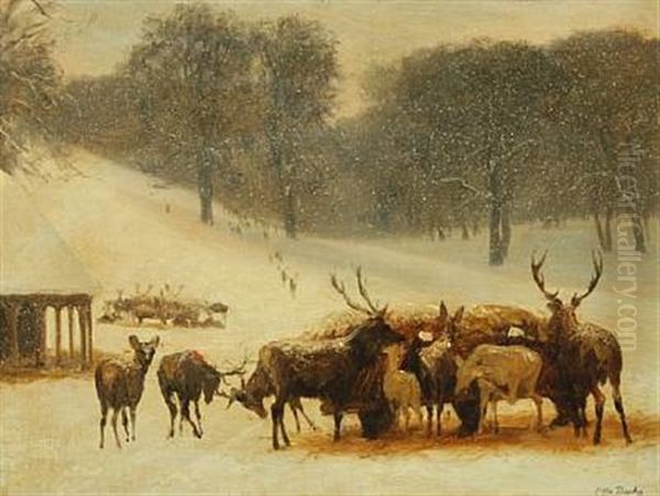 Deer By The Wagon With Hay, A Snowy Day In The Deer Park Copenhagen Oil Painting by Otto Bache