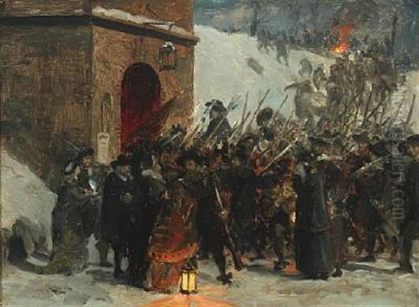 Historical Scene With Numerous Soldiers At The Citadel Copenhagen Oil Painting by Otto Bache