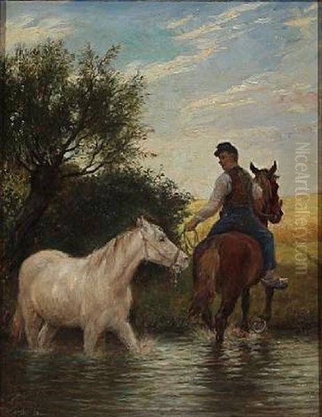 Horse Drawn Through A Stream Oil Painting by Otto Bache