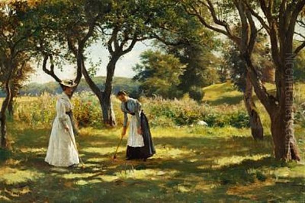 A Garden In Hornbaek. Marie Charlotte And Emilie Are Playing Croquet Oil Painting by Otto Bache