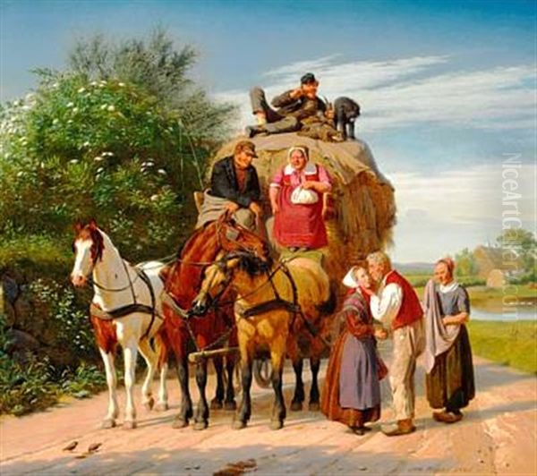 En Fragtmand, Der Skal Til Hovedstaden, Holder For At Tage En Passager Op (a Hauler On His Way To The Capital Is Picking Up A Passenger) Oil Painting by Otto Bache