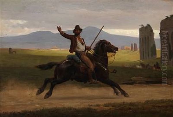 An Italian Man On Horseback In The Roman Compagne Oil Painting by Otto Bache