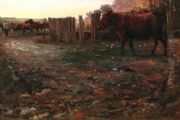 Cattle On Their Way To A Grazing Field Oil Painting by Otto Bache