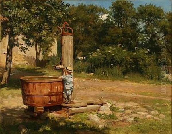 Summer Day With A Little Boy At A Pump Oil Painting by Otto Bache