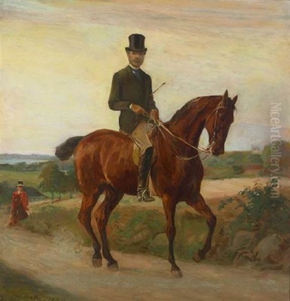 Kong Christian Ix Til Hest I Egnen Omkring Esrum So, I Baggrunden Pa Vejen Kusk Fra Staldetaten, I Det Fjerne Soen Og Fredensbor Slot, Sommer Oil Painting by Otto Bache