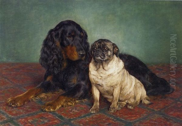 A Gordon Setter And A Pug Oil Painting by Otto Bache