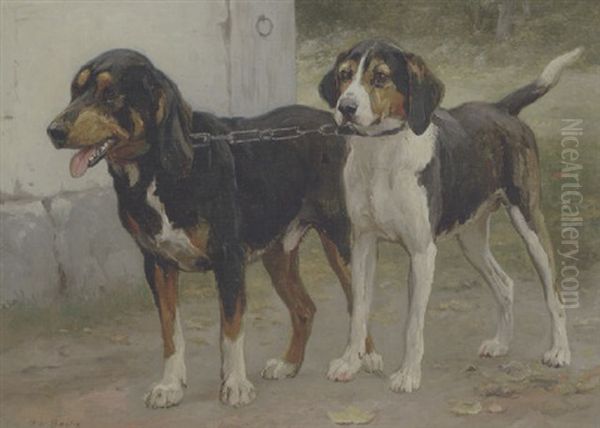 To Hunde Pa En Gardsplads Oil Painting by Otto Bache