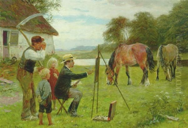 Kunstneren Ved Staffeliet, En Bondefamilie Beundrer Resultatet Oil Painting by Otto Bache