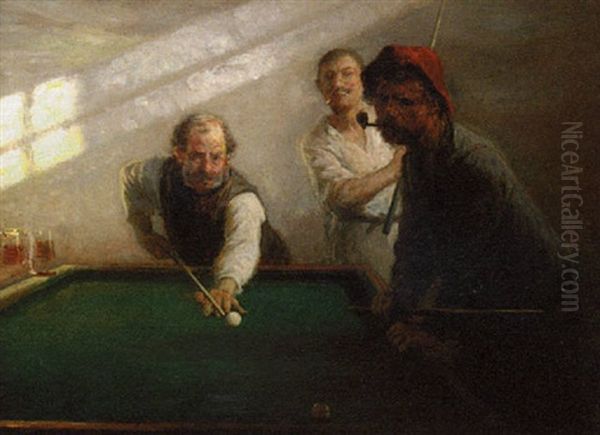 The Game Of Billiards Oil Painting by Otto Bache