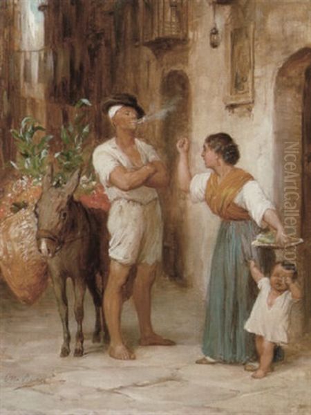 Italiensk Gadescene Med Ung Italienerinde, Der Skaender Pa En Hovmodig Gadesaelger Oil Painting by Otto Bache