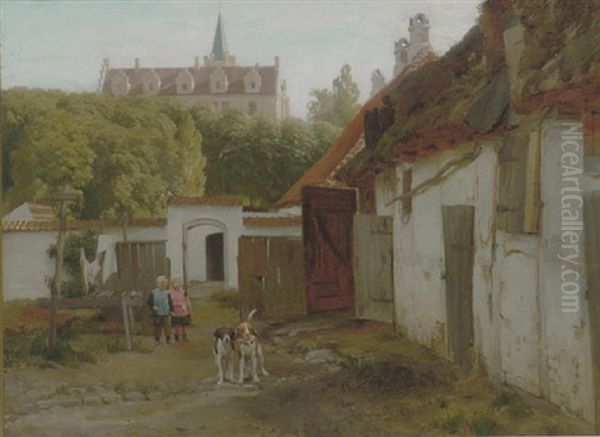 Hundegarden Pa Tranekaer Slot Oil Painting by Otto Bache