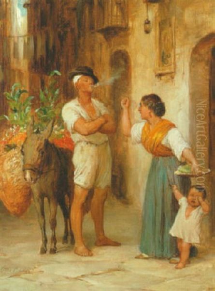 Italiensk Gadescene Med Ung Italienerinde, Der Skaender Pa En Hovmodig Gadesaelger Oil Painting by Otto Bache