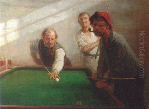 The Game Of Billiards Oil Painting by Otto Bache