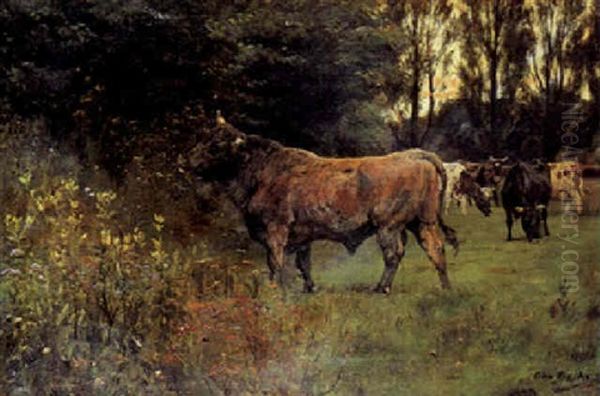 Graessende Kvaeg I Udkanten Af En Skov, Aftenstemning Oil Painting by Otto Bache