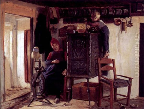 Almueinterior Med Dreng, Der Stjaeler Smakager Mens Moderen Sover Ved Rokken Oil Painting by Otto Bache