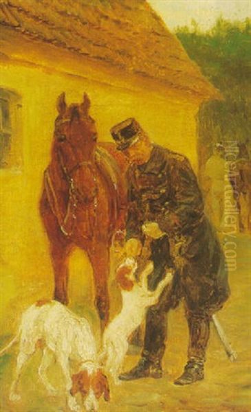 Exterior Med Heste, Hunde Og Personer. Antagelig Kong Chr. Ix, Der Vender Hjem Efter En Ridetur Oil Painting by Otto Bache