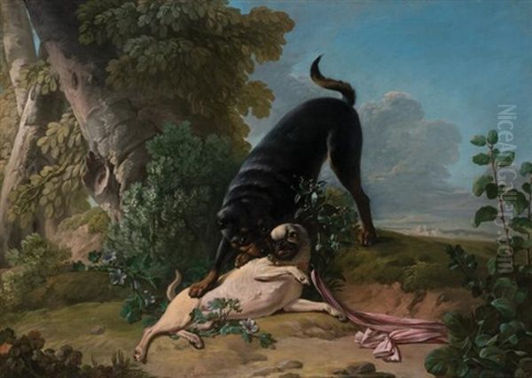 Two Pugs At Play Oil Painting by Jean-Jacques Bachelier