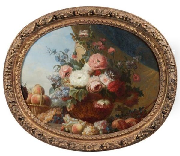 Urne De Fleurs Avec Un Panier De Peches Oil Painting by Jean-Jacques Bachelier