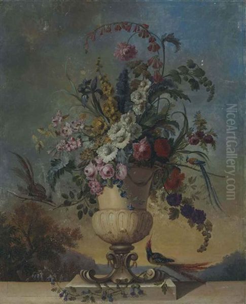 Roses, Irises, Morning Glory, Fox Glove And Other Flowers In A Sculpted Urn, On A Ledge, With Birds, In A Landscape Oil Painting by Jean-Jacques Bachelier