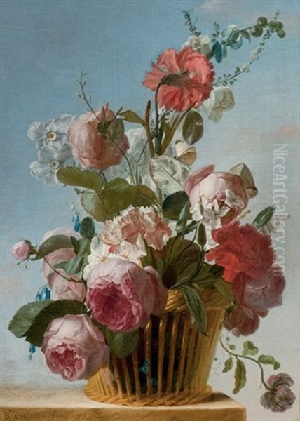 Roses, Oeillets Et Narcisses Dans Une Corbeille Posee Sur Un Entablement Oil Painting by Jean-Jacques Bachelier