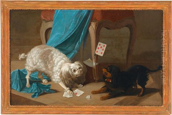 Zwei Hunde Raufen Unter Einem Tabouret Um Spielkarten Oil Painting by Jean-Jacques Bachelier