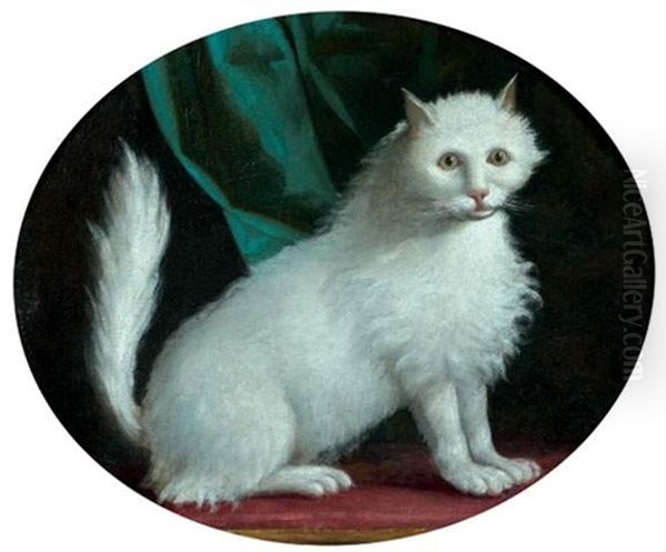 Portrait D'un Chat Blanc Sur Un Coussin Rouge Oil Painting by Jean-Jacques Bachelier