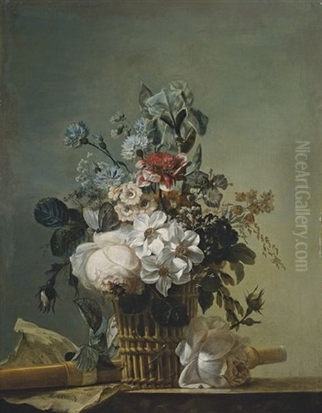 Bouquet De Fleurs, Flute Et Partition Sur Un Entablement Oil Painting by Jean-Jacques Bachelier