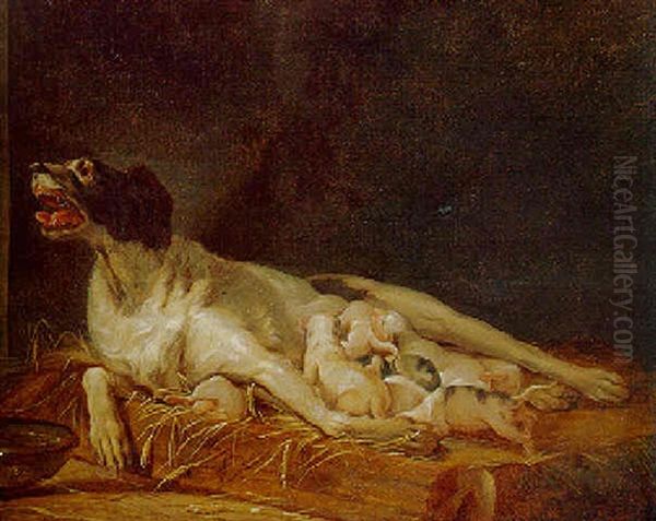 A Bitch Nursing Her Puppies In A Kennel Oil Painting by Jean-Jacques Bachelier