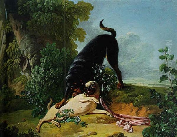 Two Pugs Playing In A Park Oil Painting by Jean-Jacques Bachelier